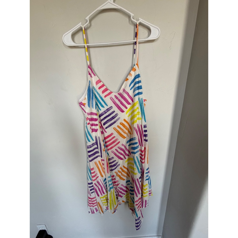Emily Wonder Womens Multicolor Abstract Print V-Neck Spaghetti Strap Dress L